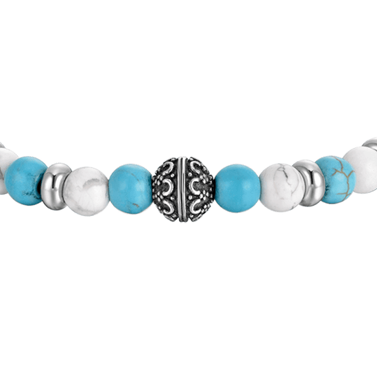 BRACELET ÉLASTIQUE POUR HOMME AVEC PIERRES BLEUES ET BLANCHES ET ÉLÉMENTS EN ACIER