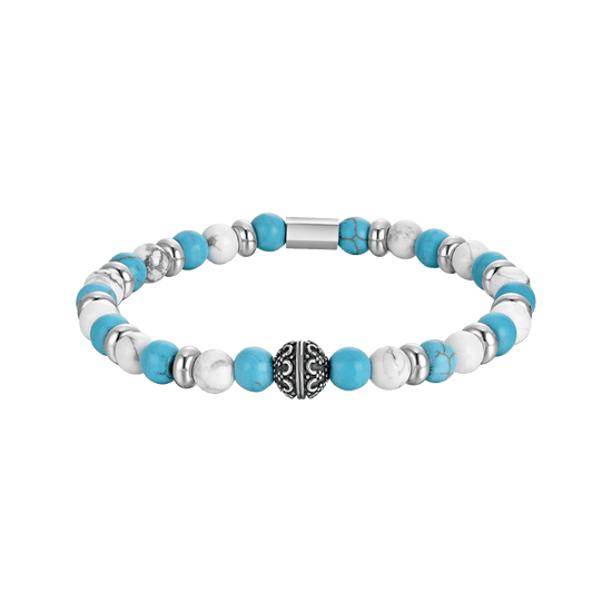 BRACELET ÉLASTIQUE POUR HOMME AVEC PIERRES BLEUES ET BLANCHES ET ÉLÉMENTS EN ACIER