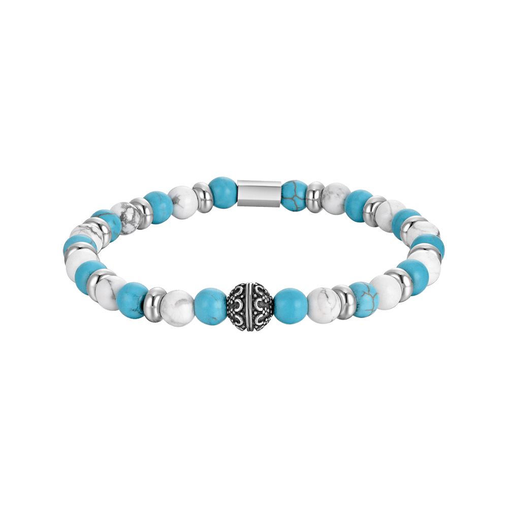 BRACELET ÉLASTIQUE POUR HOMME AVEC PIERRES BLEUES ET BLANCHES ET ÉLÉMENTS EN ACIER