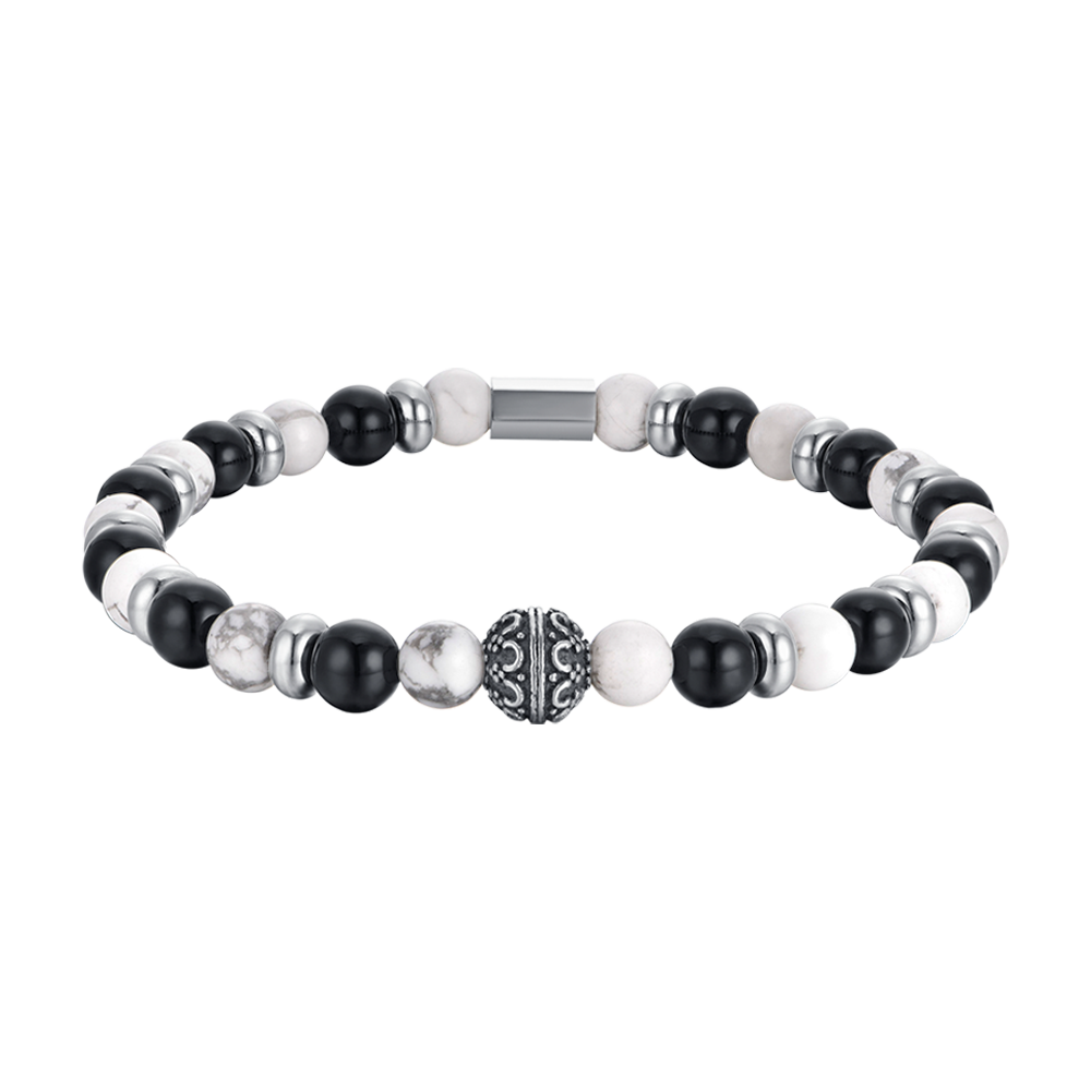 BRACELET ELASTIQUE POUR HOMMES AVEC PIERRES NOIRES ET BLANCHES ET ELEMENTS EN ACIER Luca Barra