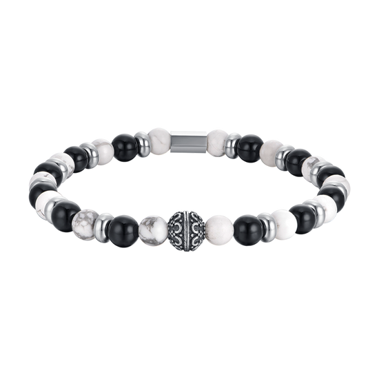 BRACELET ÉLASTIQUE POUR HOMME AVEC PIERRES NOIRES ET BLANCHES ET ÉLÉMENTS EN ACIER