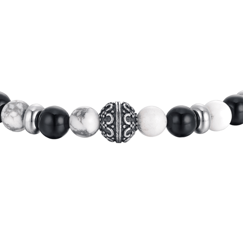 BRACELET ELASTIQUE POUR HOMMES AVEC PIERRES NOIRES ET BLANCHES ET ELEMENTS EN ACIER Luca Barra