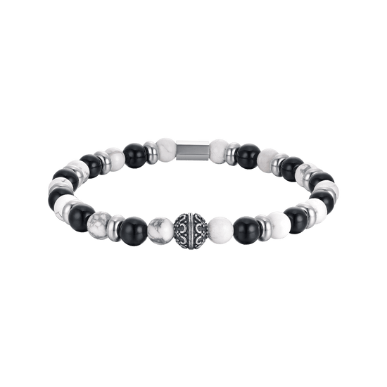 BRACELET ÉLASTIQUE POUR HOMME AVEC PIERRES NOIRES ET BLANCHES ET ÉLÉMENTS EN ACIER