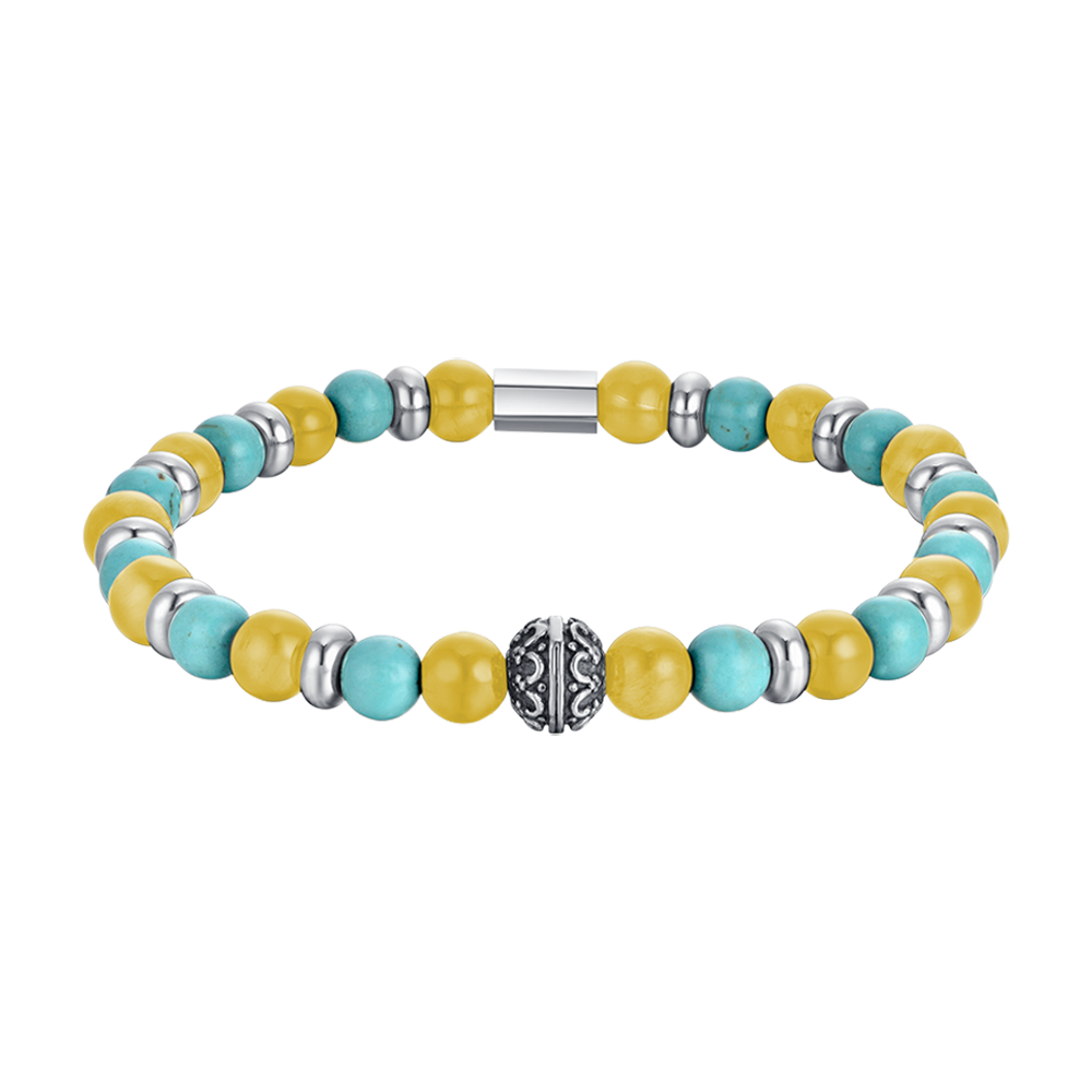 BRACELET ELASTIQUE POUR HOMME AVEC PIERRES TURQUOISE ET JAUNES ET ELEMENTS EN ACIER Luca Barra