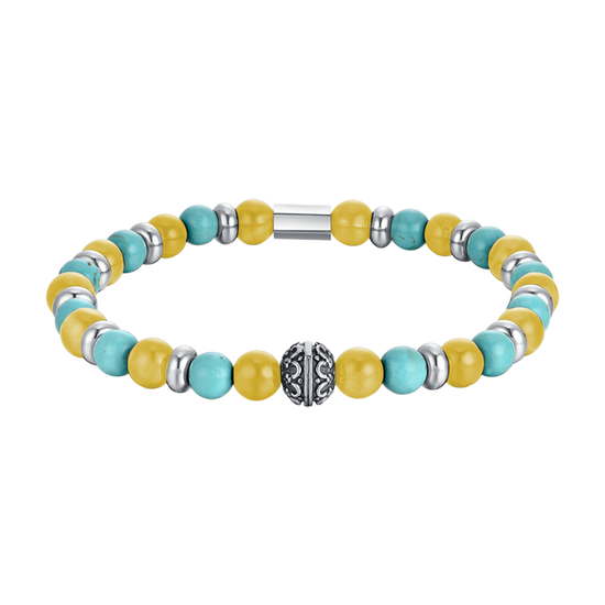 BRACELET ÉLASTIQUE POUR HOMME AVEC PIERRES TURQUOISES ET JAUNES ET ÉLÉMENTS EN ACIER