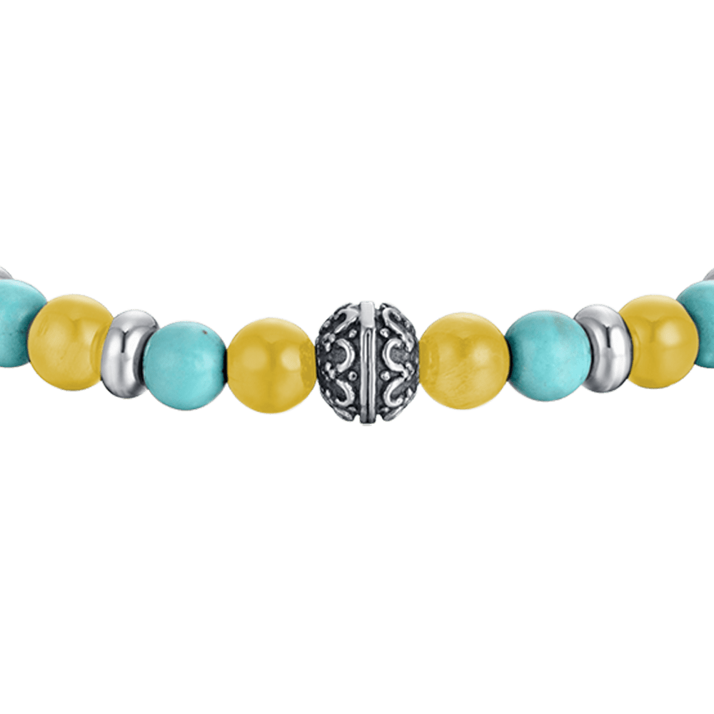 BRACELET ÉLASTIQUE POUR HOMME AVEC PIERRES TURQUOISES ET JAUNES ET ÉLÉMENTS EN ACIER