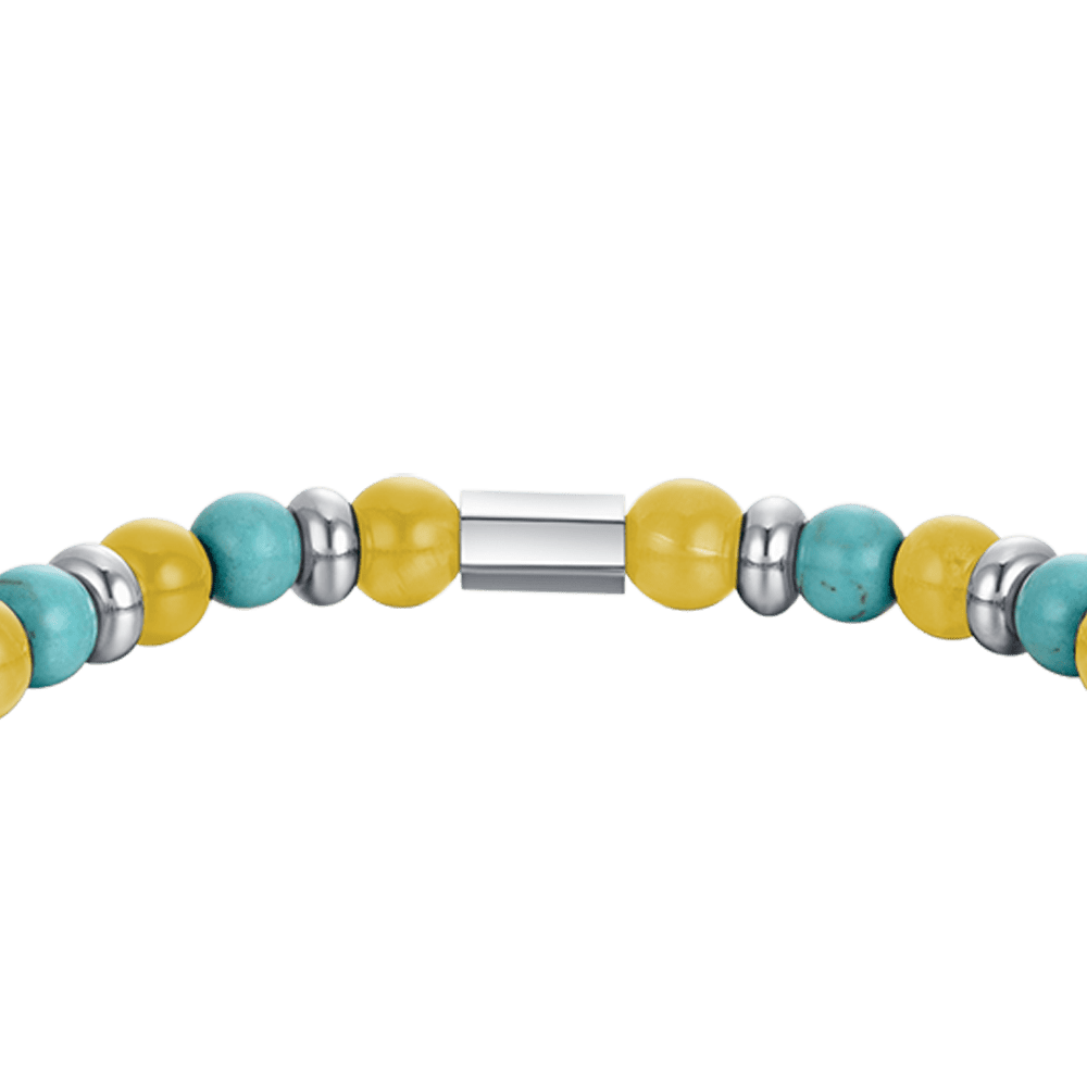 BRACELET ÉLASTIQUE POUR HOMME AVEC PIERRES TURQUOISES ET JAUNES ET ÉLÉMENTS EN ACIER