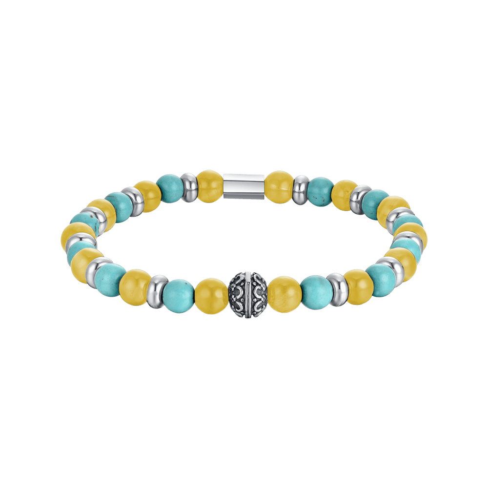 BRACELET ÉLASTIQUE POUR HOMME AVEC PIERRES TURQUOISES ET JAUNES ET ÉLÉMENTS EN ACIER