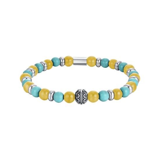 BRACELET ÉLASTIQUE POUR HOMME AVEC PIERRES TURQUOISES ET JAUNES ET ÉLÉMENTS EN ACIER