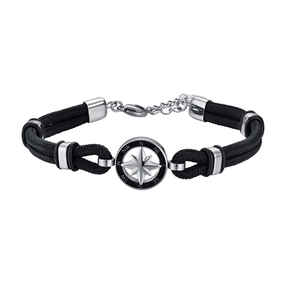 BRACELET HOMME EN CORDE NOIRE AVEC ROSE DES VENTS EN ÉMAIL NOIR