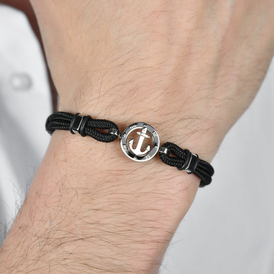 BRACELET HOMME EN CORDE NOIRE AVEC ANCRE EN ÉMAIL NOIR