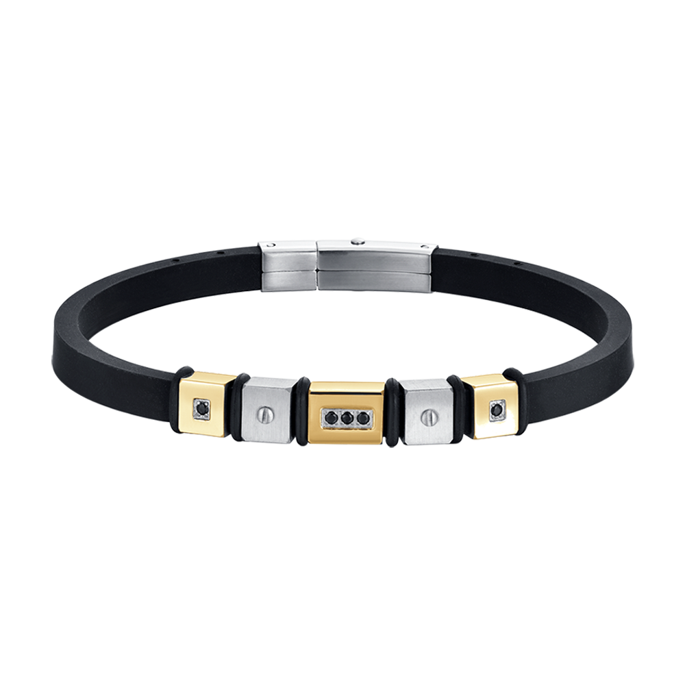 BRACELET HOMME EN SILICONE NOIR AVEC ÉLÉMENTS EN ACIER IP DORÉ