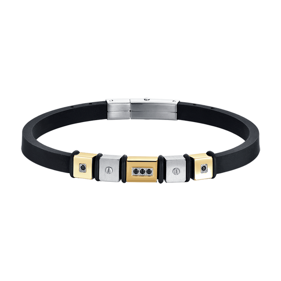 BRACELET HOMME EN SILICONE NOIR AVEC ÉLÉMENTS EN ACIER IP DORÉ