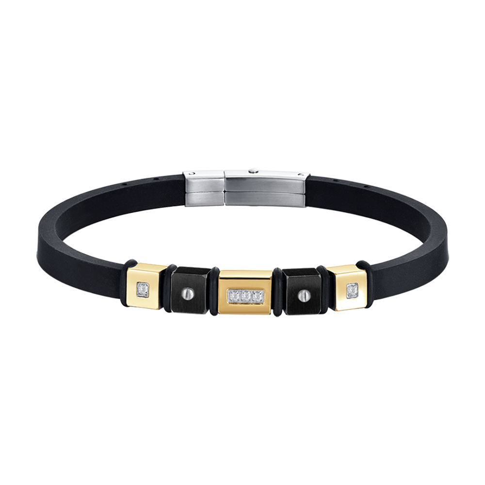 BRACELET EN SILICONE NOIR POUR HOMMES AVEC ÉLÉMENTS EN OR IP ET EN ACIER NOIR IP