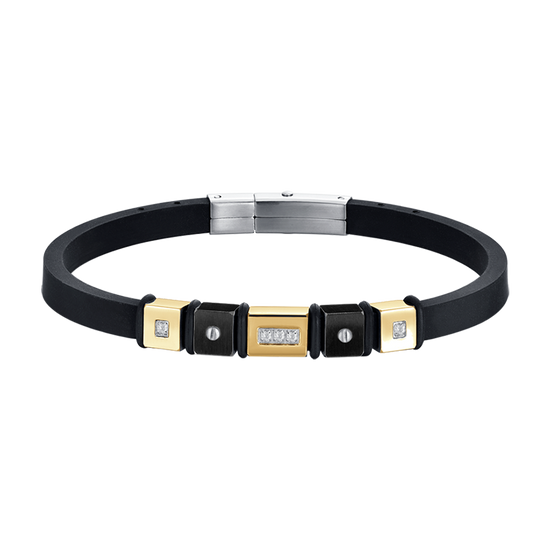 BRACELET EN SILICONE NOIR POUR HOMMES AVEC ÉLÉMENTS EN OR IP ET EN ACIER NOIR IP