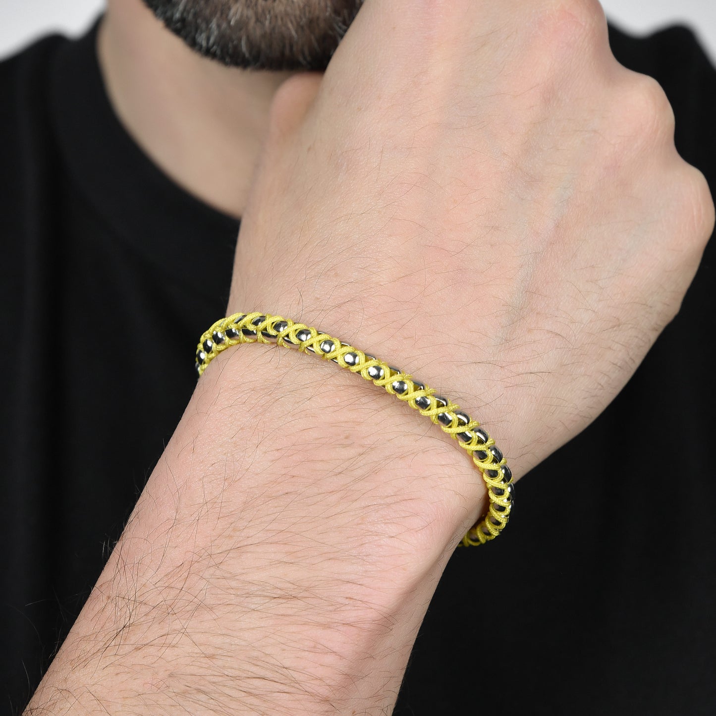 BRACELET HOMME EN ACIER AVEC CORDE JAUNE