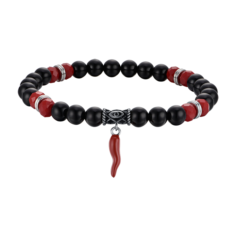 BRACELET ELASTIQUE POUR HOMME AVEC PIERRES NOIRES ET ROUGES ET CORNE ROUGE Luca Barra