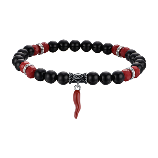 BRACELET ELASTIQUE POUR HOMME AVEC PIERRES NOIRES ET ROUGES ET CORNE ROUGE Luca Barra