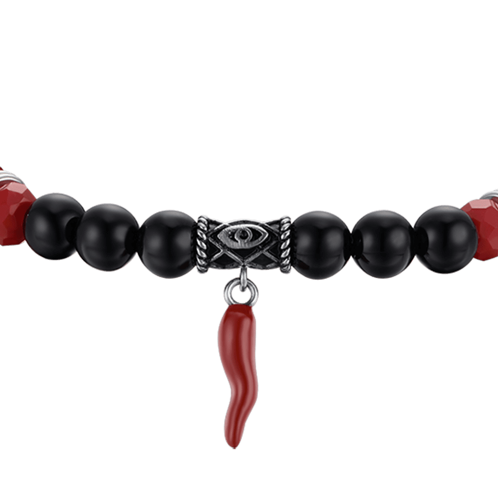 BRACELET ÉLASTIQUE POUR HOMME AVEC PIERRES NOIRES ET ROUGES ET CORNE ROUGE