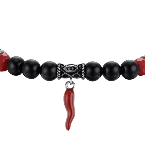 BRACELET ÉLASTIQUE POUR HOMME AVEC PIERRES NOIRES ET ROUGES ET CORNE ROUGE