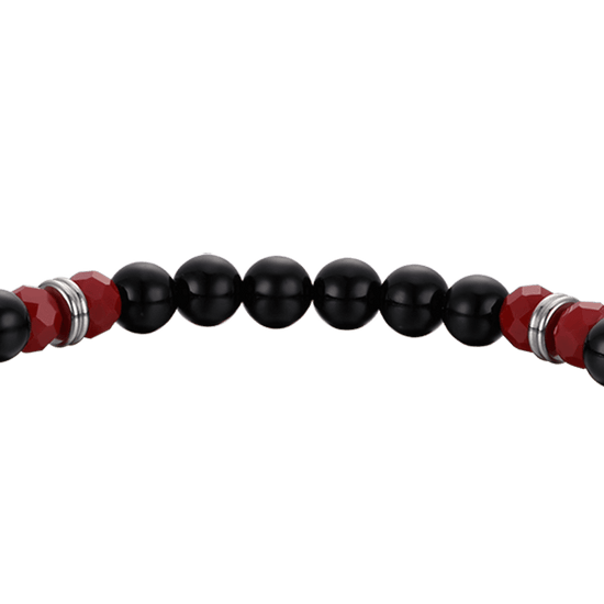 BRACELET ÉLASTIQUE POUR HOMME AVEC PIERRES NOIRES ET ROUGES ET CORNE ROUGE