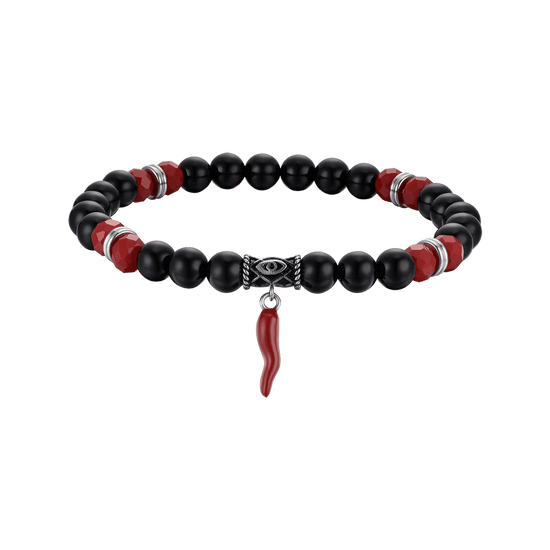 BRACELET ÉLASTIQUE POUR HOMME AVEC PIERRES NOIRES ET ROUGES ET CORNE ROUGE