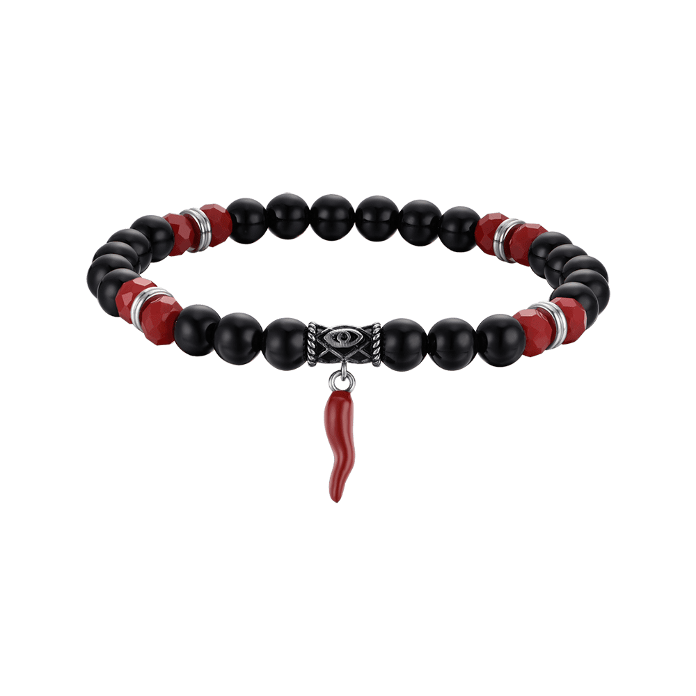 BRACELET ELASTIQUE POUR HOMME AVEC PIERRES NOIRES ET ROUGES ET CORNE ROUGE Luca Barra