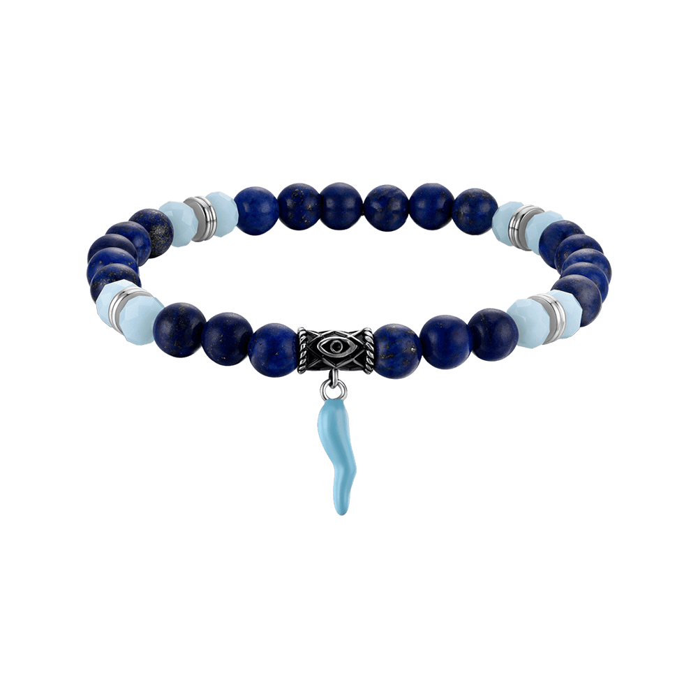 BRACELET ELASTIQUE POUR HOMME AVEC PIERRES BLEUES ET VERTES ET CORNE TURQUOISE Luca Barra