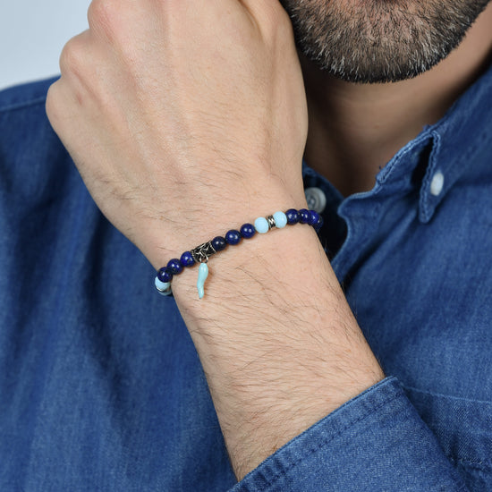 BRACELET ÉLASTIQUE POUR HOMME AVEC PIERRES BLEUES ET VERTES ET CORNE TURQUOISE