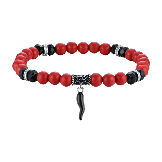 BRACELET ÉLASTIQUE POUR HOMME AVEC PIERRES ROUGES ET NOIRES ET CORNE NOIRE