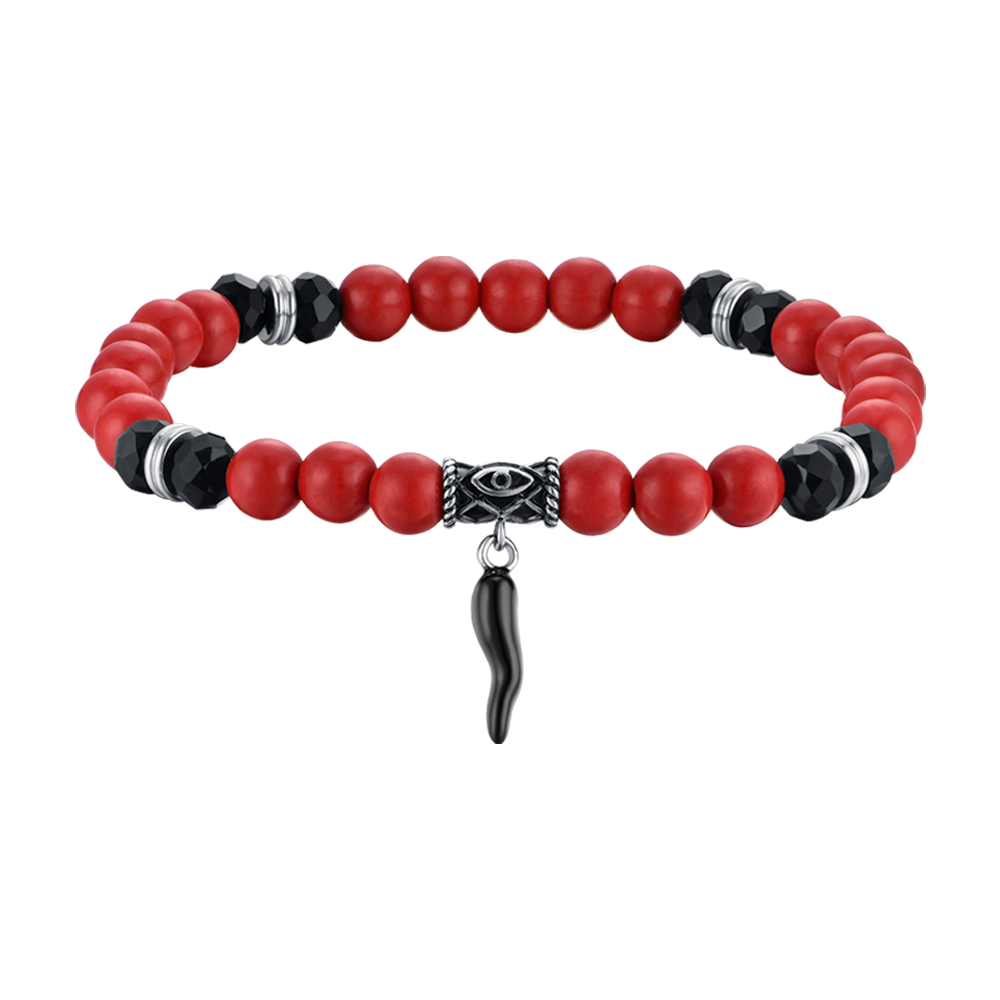 BRACELET ÉLASTIQUE POUR HOMME AVEC PIERRES ROUGES ET NOIRES ET CORNE NOIRE