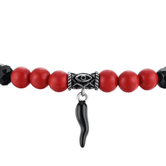 BRACELET ÉLASTIQUE POUR HOMME AVEC PIERRES ROUGES ET NOIRES ET CORNE NOIRE