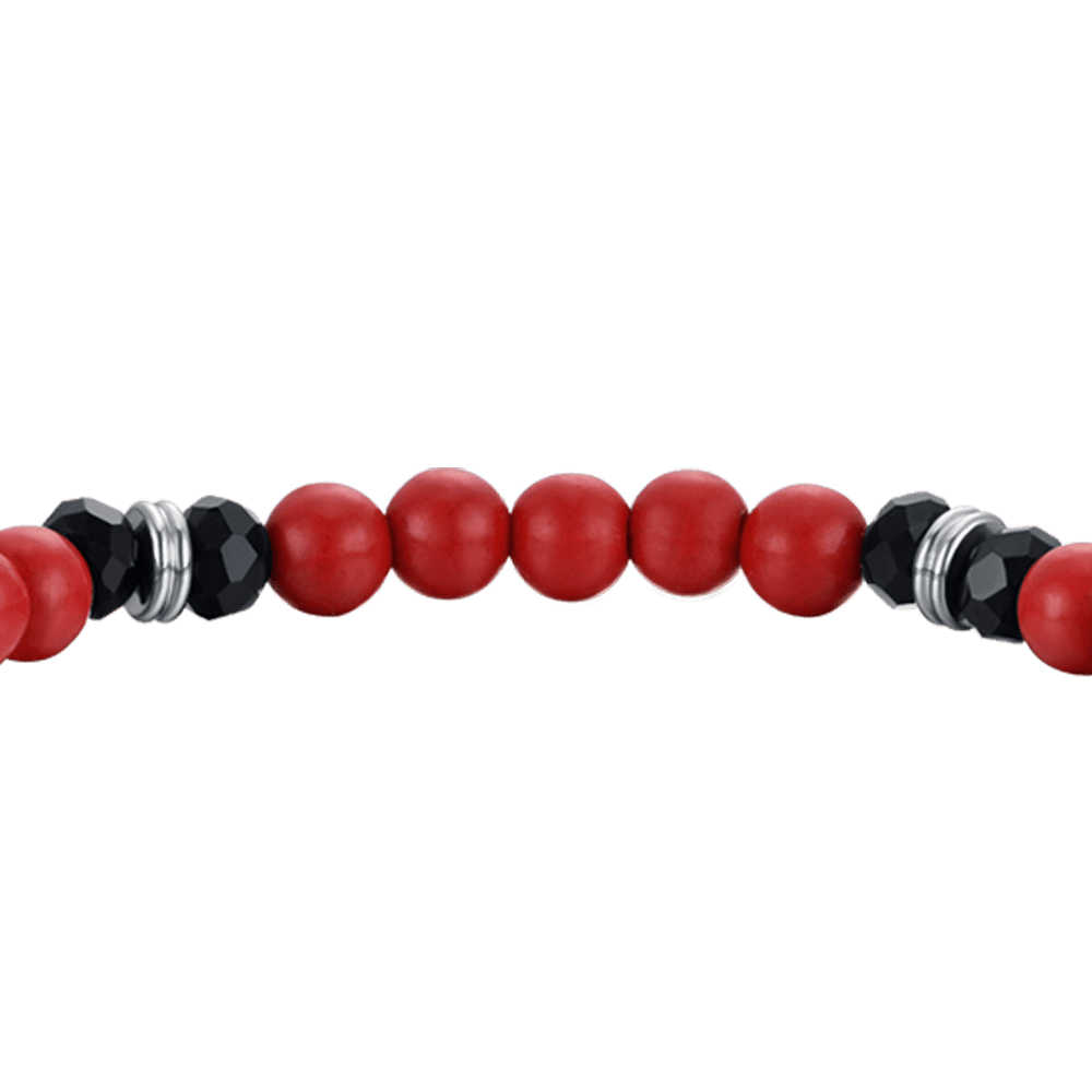 BRACELET ÉLASTIQUE POUR HOMME AVEC PIERRES ROUGES ET NOIRES ET CORNE NOIRE