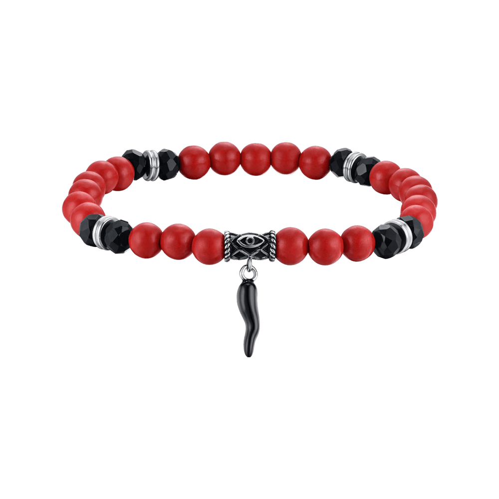 BRACELET ÉLASTIQUE POUR HOMME AVEC PIERRES ROUGES ET NOIRES ET CORNE NOIRE