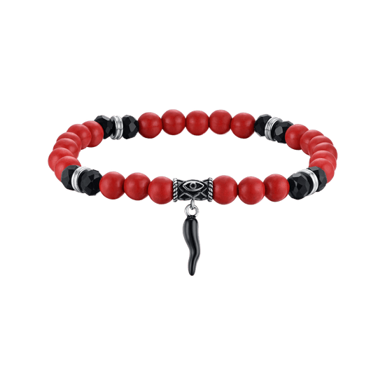 BRACELET ÉLASTIQUE POUR HOMME AVEC PIERRES ROUGES ET NOIRES ET CORNE NOIRE