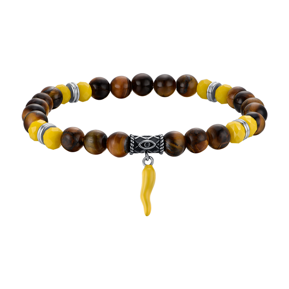 BRACELET ELASTIQUE POUR HOMME AVEC ŒIL DE TIGRE ET PIERRES DE CORNE JAUNE Luca Barra