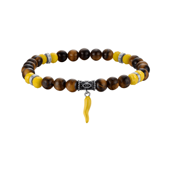 BRACELET ÉLASTIQUE POUR HOMME AVEC PIERRES EN OEIL DE TIGRE ET CORNE JAUNE