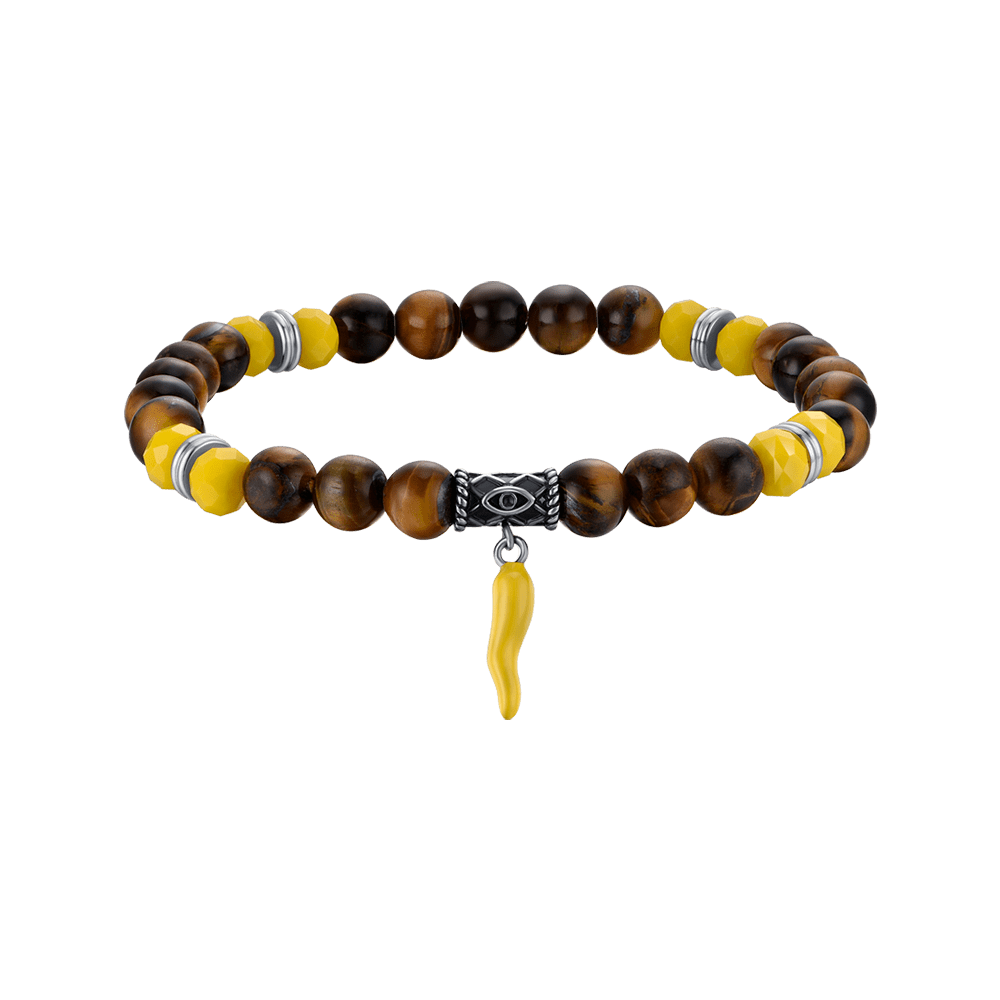 BRACELET ÉLASTIQUE POUR HOMME AVEC PIERRES EN OEIL DE TIGRE ET CORNE JAUNE