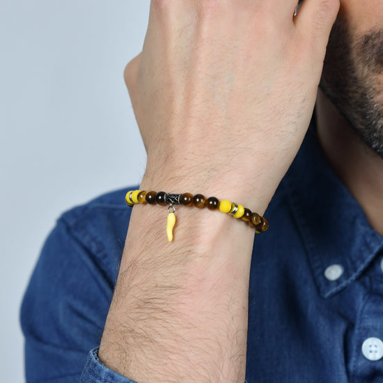 BRACELET ÉLASTIQUE POUR HOMME AVEC PIERRES EN OEIL DE TIGRE ET CORNE JAUNE