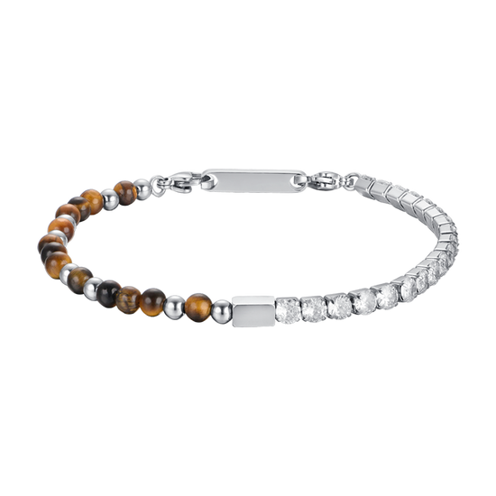 BRACELET HOMME EN ACIER AVEC CRISTAUX BLANCS ET OEIL DE TIGRE