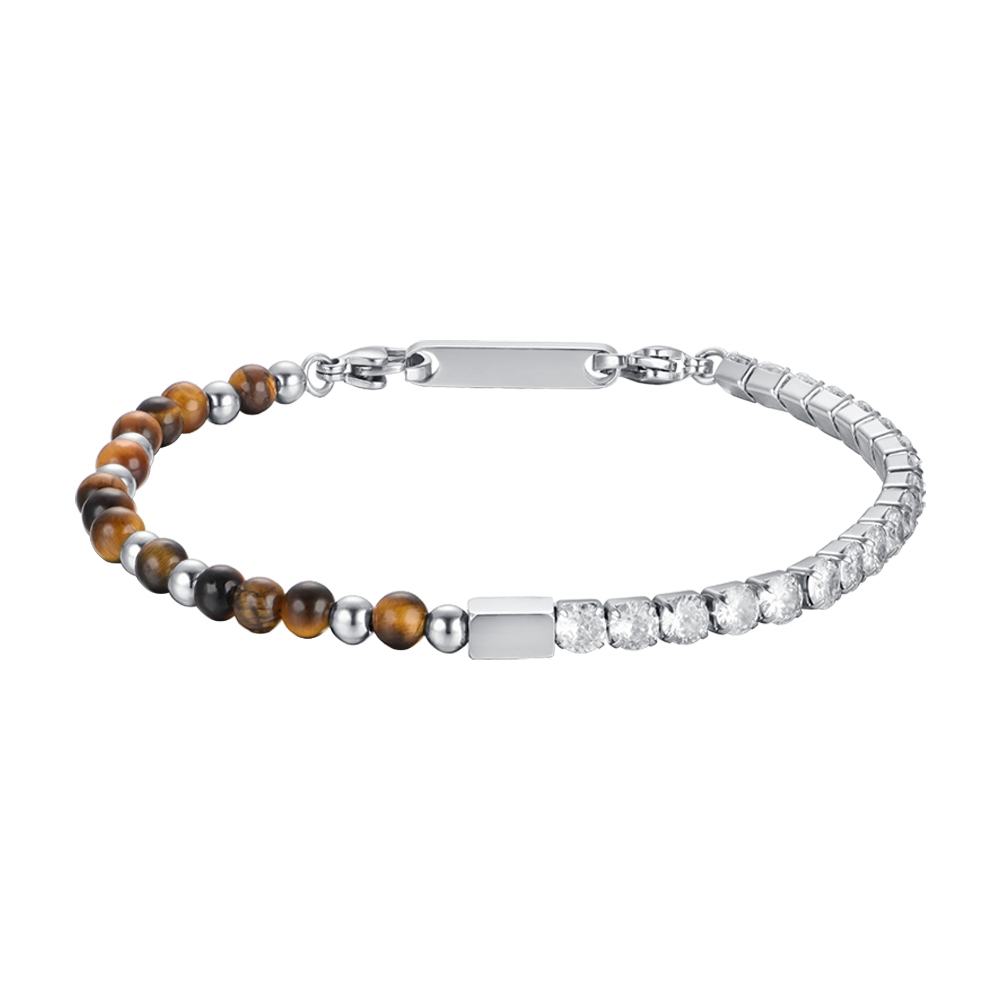 BRACELET HOMME EN ACIER AVEC CRISTAUX BLANCS ET OEIL DE TIGRE