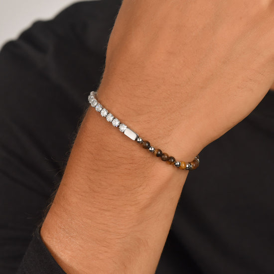 BRACELET HOMME EN ACIER AVEC CRISTAUX BLANCS ET OEIL DE TIGRE