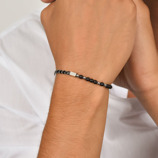 BRACELET HOMME EN ACIER AVEC CRISTAUX ET PIERRES NOIRS