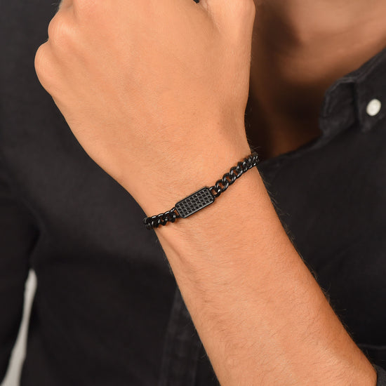 BRACELET HOMME EN ACIER IP NOIR AVEC ÉLÉMENT EN CRISTAL NOIR