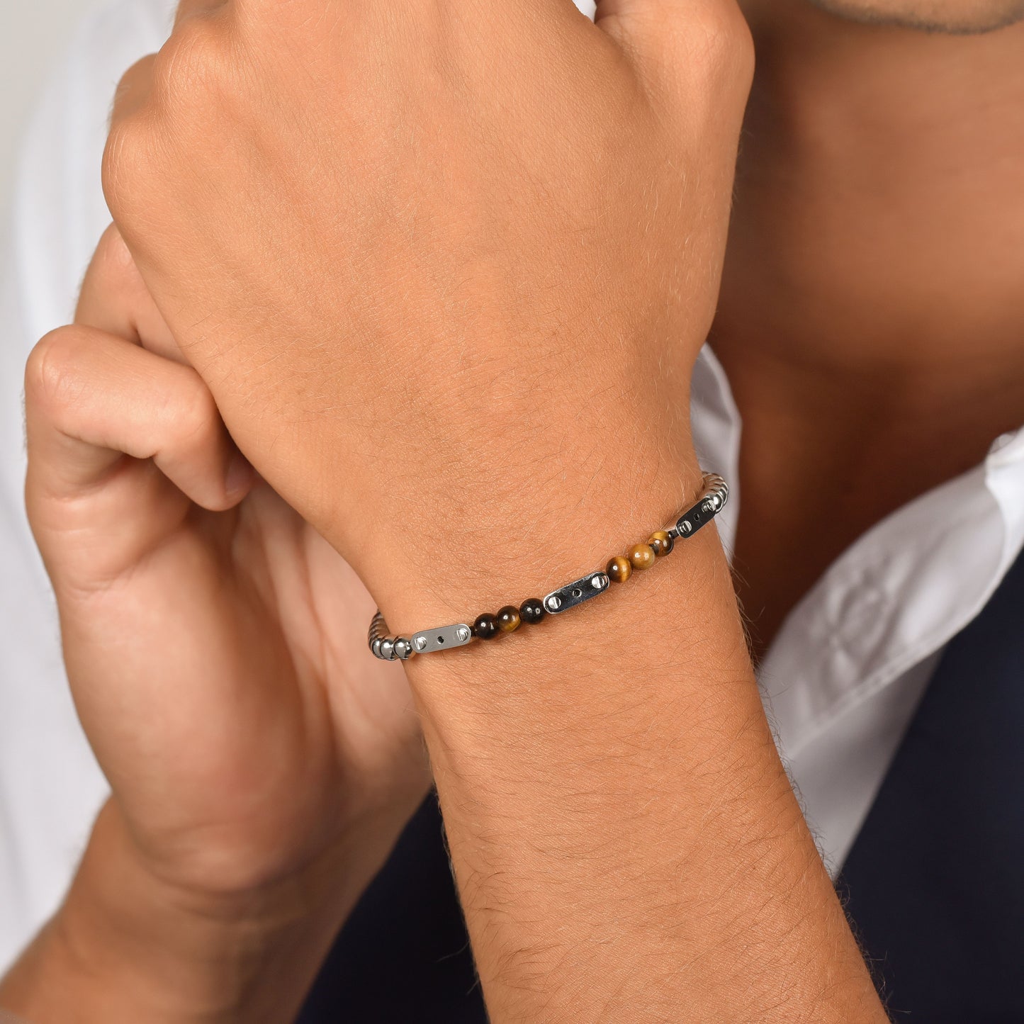 BRACELET HOMME EN ACIER AVEC PIERRES EN OEIL DE TIGRE