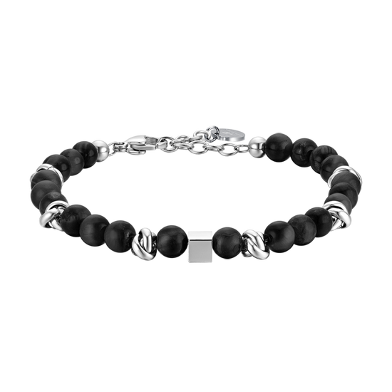 BRACELET EN ACIER POUR HOMMES AVEC PIERRES NOIRES ET ÉLÉMENTS EN ACIER