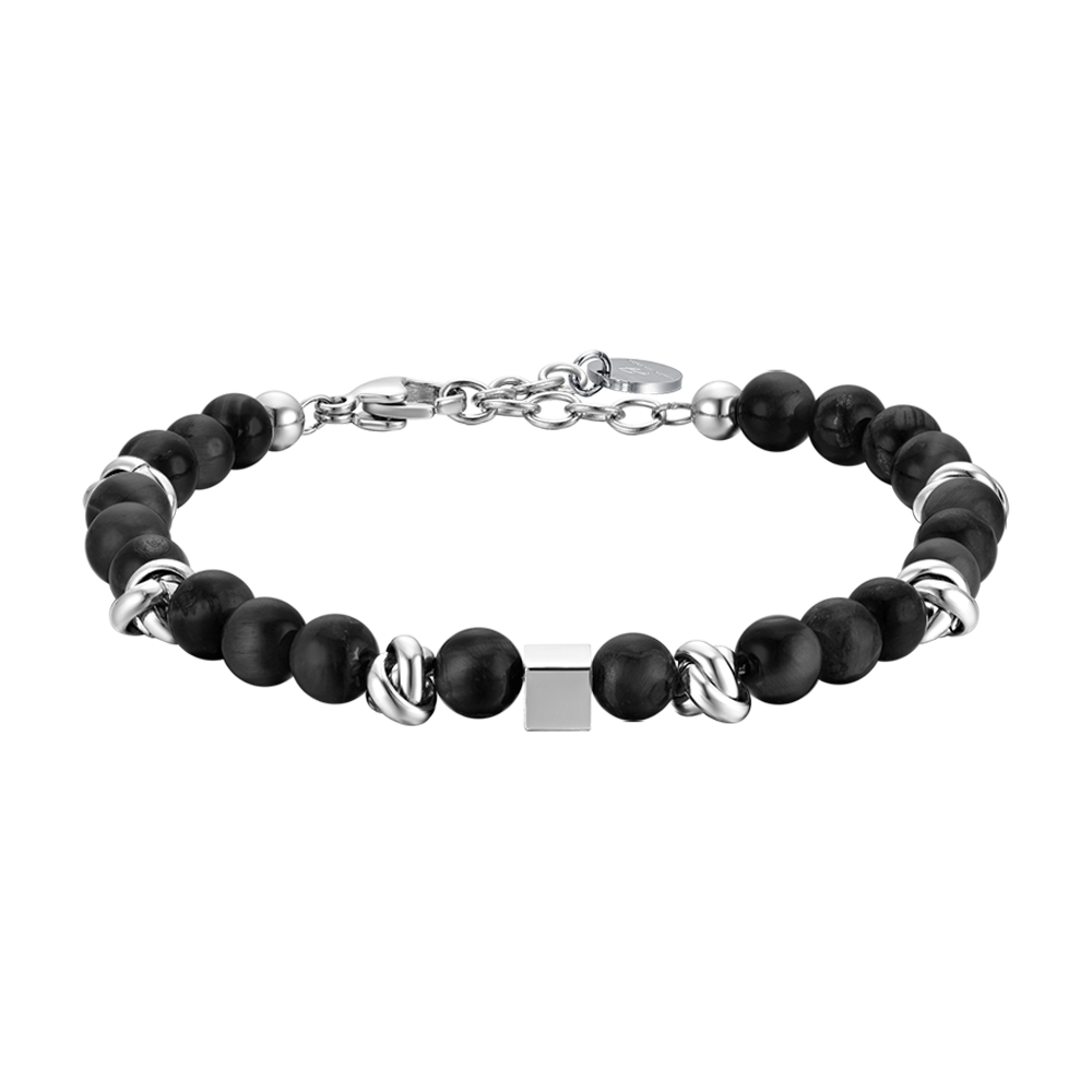 BRACELET EN ACIER POUR HOMMES AVEC PIERRES NOIRES ET ÉLÉMENTS EN ACIER