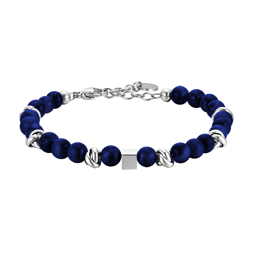 BRACELET POUR HOMME EN ACIER AVEC PIERRES BLEUES ET ÉLÉMENTS EN ACIER