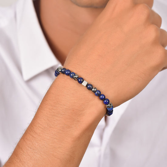 BRACELET POUR HOMME EN ACIER AVEC PIERRES BLEUES ET ÉLÉMENTS EN ACIER