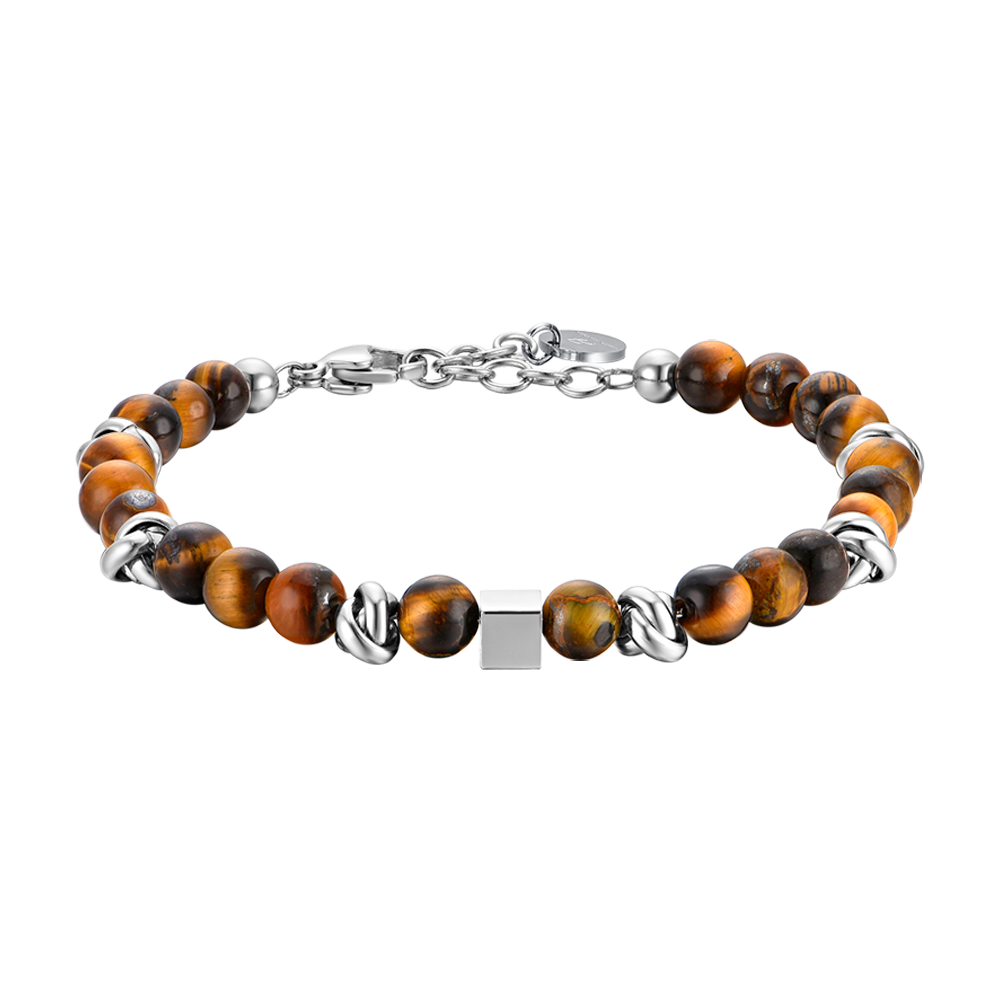 BRACELET HOMME EN ACIER AVEC PIERRES EN OEIL DE TIGRE ET ÉLÉMENTS EN ACIER